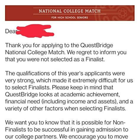 Questbridge reddit - November 3. QuestBridge Regular Decision Form becomes available on the Manage page. Finalists can begin to select colleges they wish to apply to if not matched ...